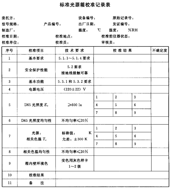 光源箱校准表